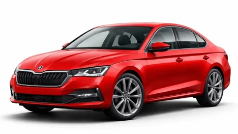 A red Skoda Octavia offered for rental by the company Imperial Car Rental.