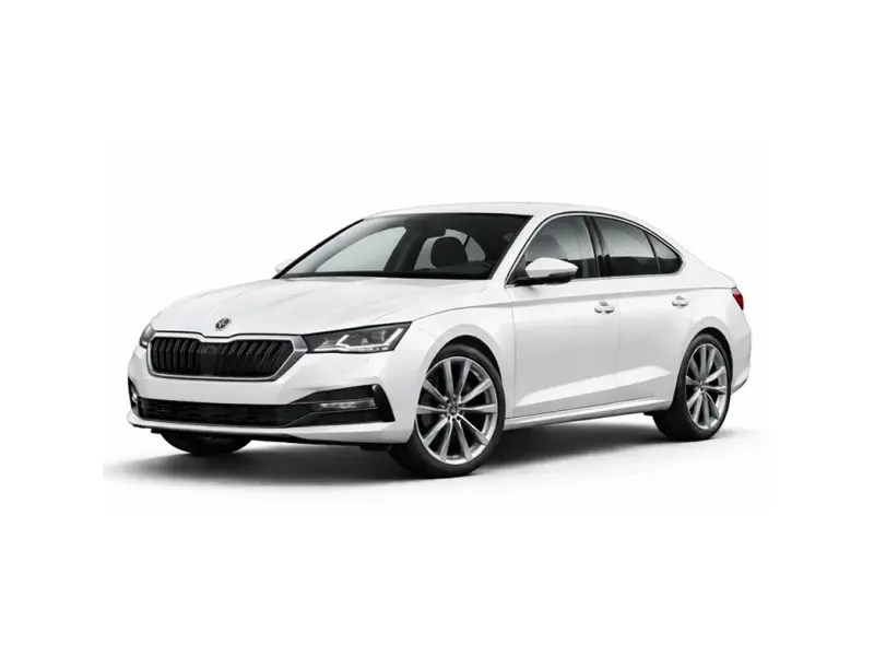 Een witte Skoda Octavia aangeboden door Imperial Car Rental.