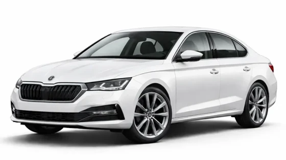 Ein weißer Skoda Octavia, angeboten zur Miete von der Firma Imperial Car Rental.