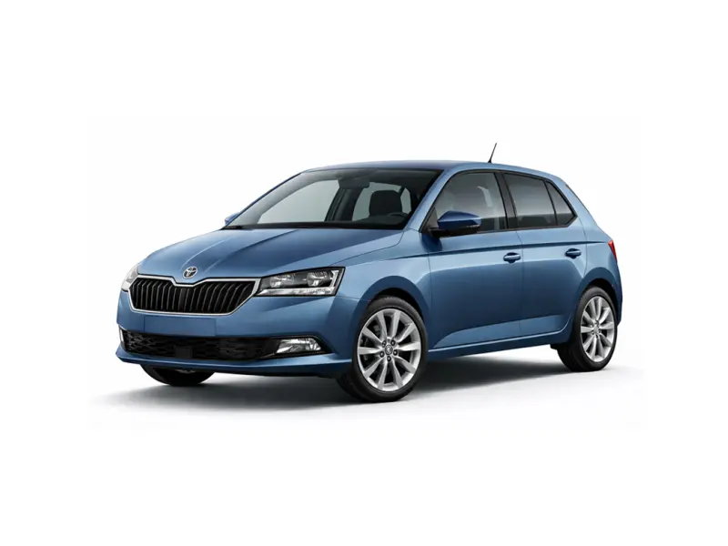 Niebieska Skoda Fabia dostępna do wynajmu w firmie Imperial Car Rental.