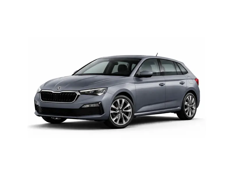 Mașina este de culoare gri și modelul este Skoda Scala. Această mașină este oferită spre închiriere de compania Imperial Car Rental.