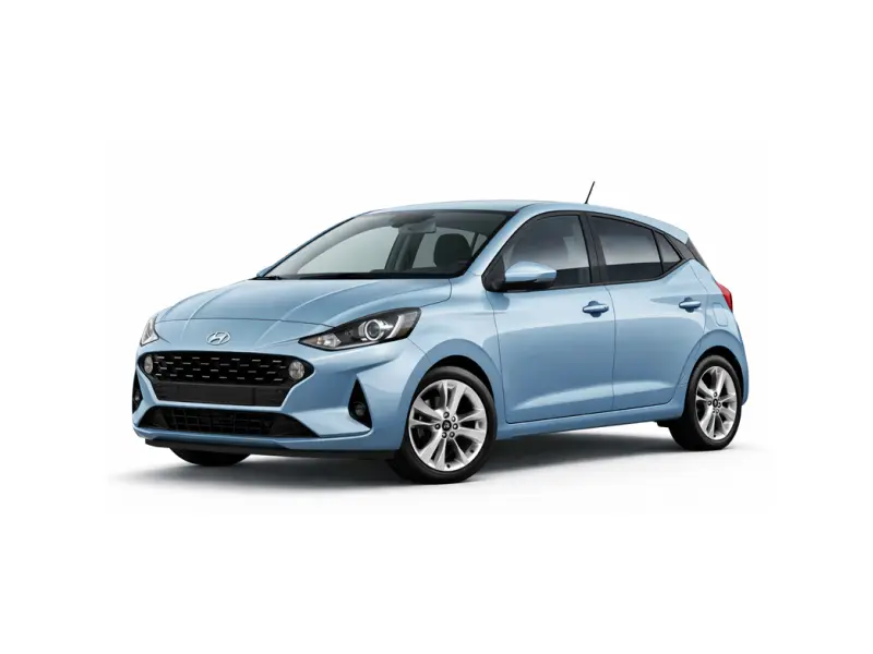 Auto Hyundai i10 di colore azzurro chiaro disponibile per il noleggio presso Imperial Car Rental.