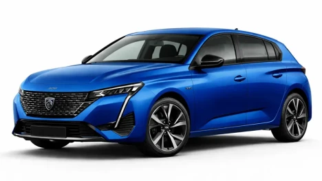 The car is a blue Peugeot 308. It is offered for rental by the company Imperial Car Rental.
