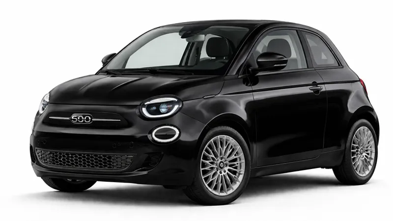 Fiat 500 compact rental car in sleek black ready for city driving and car hire services.