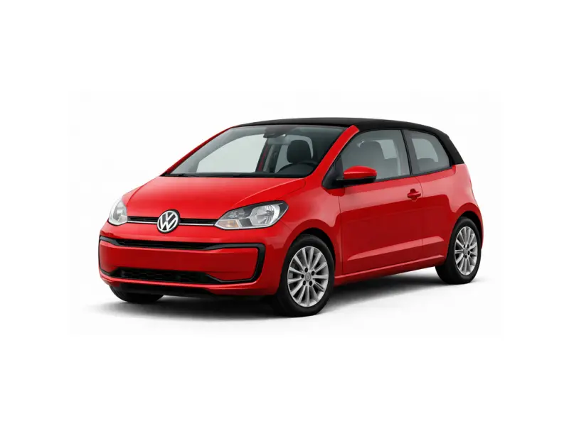 A red Volkswagen Up with a black roof, offered for rental by Imperial Car Rental.