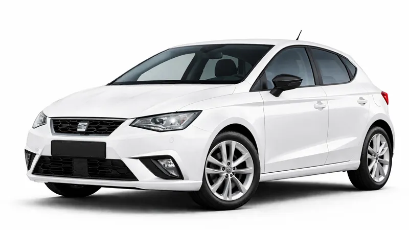 SEAT Ibiza white car rental hatchback with modern design and sporty details for rent.
