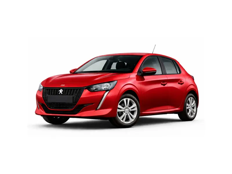Voiture rouge, modèle Peugeot 208. Ce véhicule est proposé à la location par la société Imperial Car Rental.
