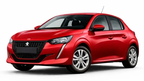 Voiture rouge, modèle Peugeot 208. Ce véhicule est proposé à la location par la société Imperial Car Rental.