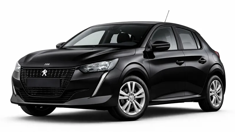 Peugeot 208 hatchback black car rental vehicle for hire on white background.