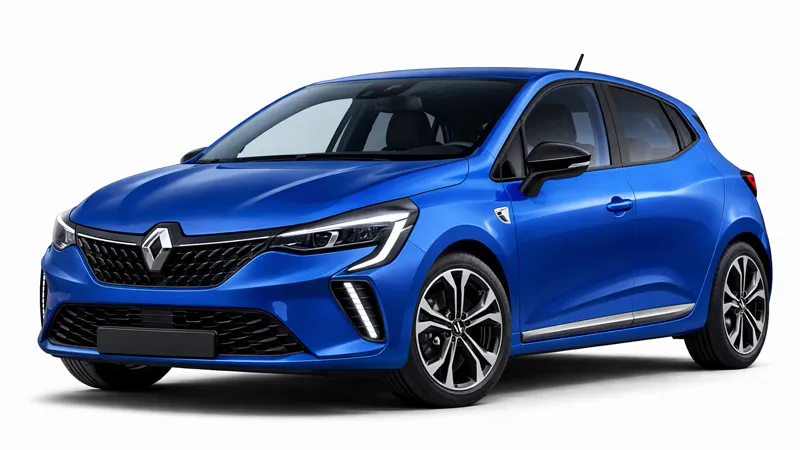 Blauer Renault Clio Mietwagen auf weißem Hintergrund für Autovermietung.