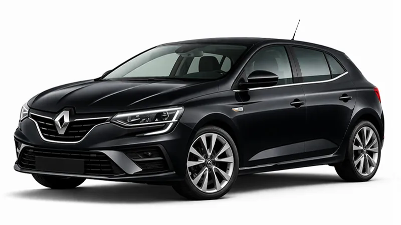 Renault Megane auto a noleggio hatchback nero, ideale per una guida confortevole in città e in autostrada.