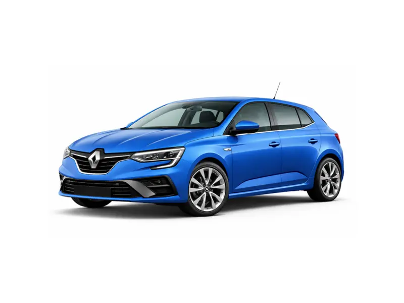 A blue Renault Megane offered for rental by the company Imperial Car Rental.