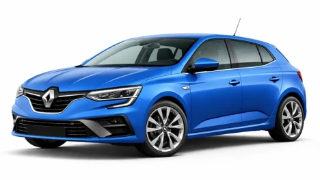A blue Renault Megane offered for rental by the company Imperial Car Rental.