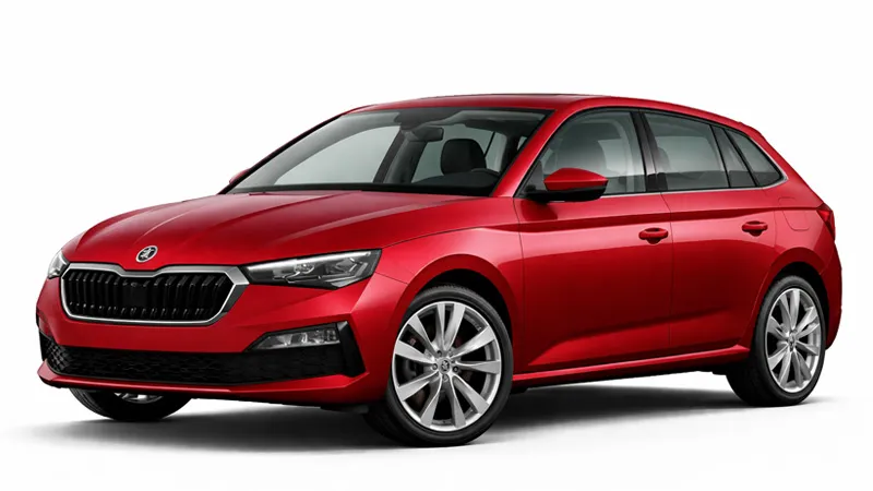 Skoda Scala vermelho com faróis elegantes e jantes em liga leve modernas, vista inclinada para a direita.