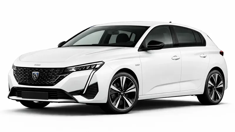 Peugeot 308 beyaz renkte hatchback, siyah detaylar ve modern LED farlarla, önden üç çeyrek görünüş.