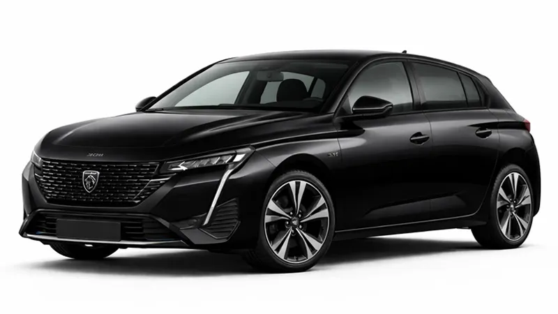 Peugeot 308 hatchback nero a noleggio con design moderno e fari anteriori affilati.