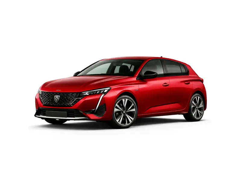 A red Peugeot 308 offered for rental by the company Imperial Car Rental.