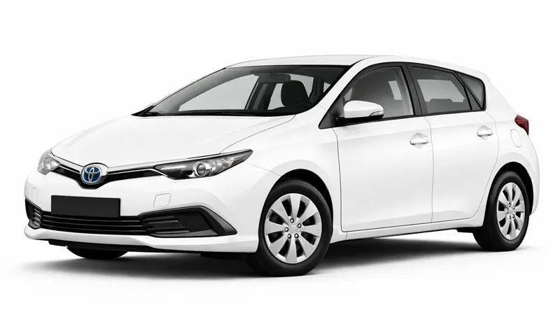 Toyota Auris compact hatchback rental car in white with a modern design for car hire service.