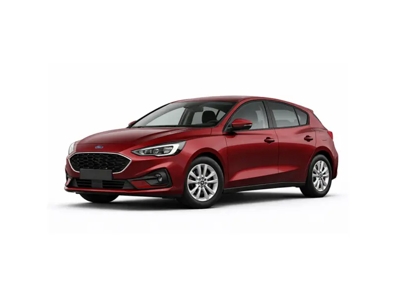 A red Ford Focus offered for rental by the company Imperial Car Rental.