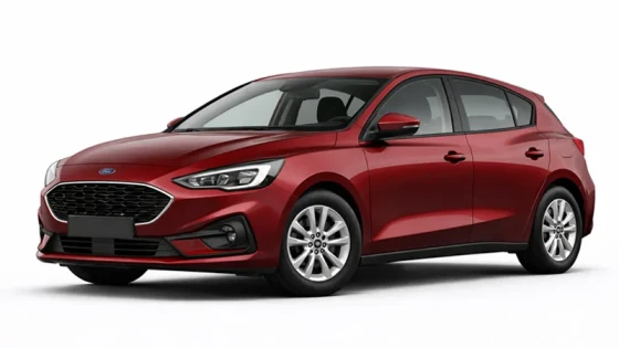 A red Ford Focus offered for rental by the company Imperial Car Rental.