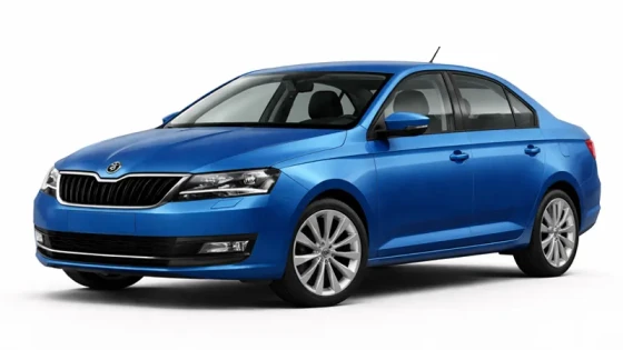Der blaue Skoda Rapid wird von der Firma Imperial Car Rental zur Vermietung angeboten.