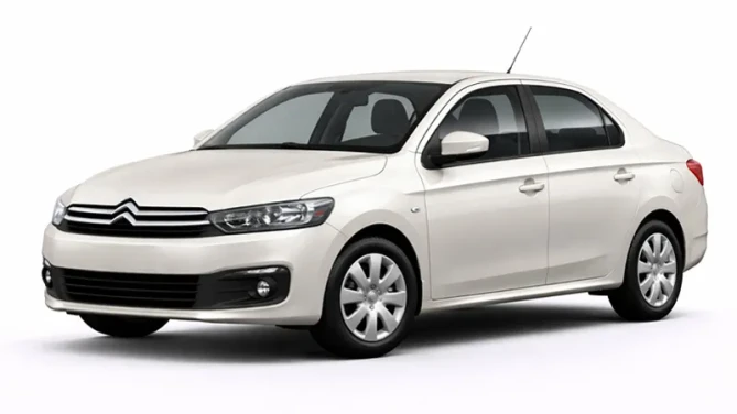 The car is a white Citroen C. It is offered for rental by the company Imperial Car Rental.