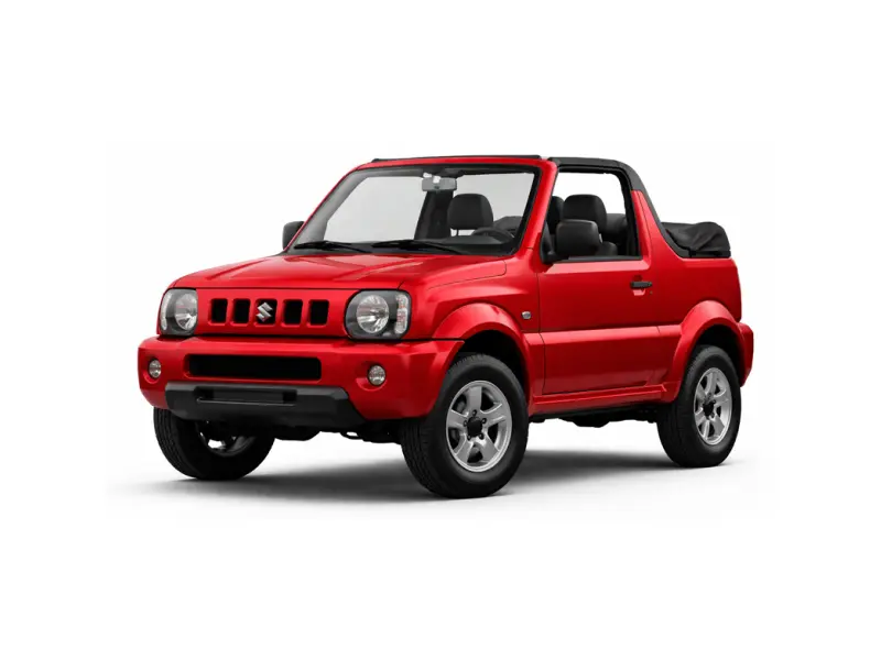 Suzuki Jimny di colore rosso. Offerto in noleggio dalla compagnia Imperial Car Rental.