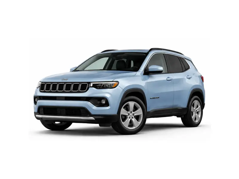 Ανοιχτό μπλε Jeep Compass. Το αυτοκίνητο προσφέρεται για ενοικίαση από την εταιρεία Imperial Car Rental.