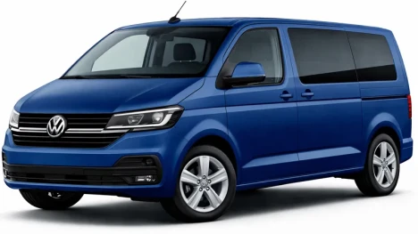 Blauer Volkswagen Transporter, angeboten zur Vermietung von der Firma Imperial Car Rental.