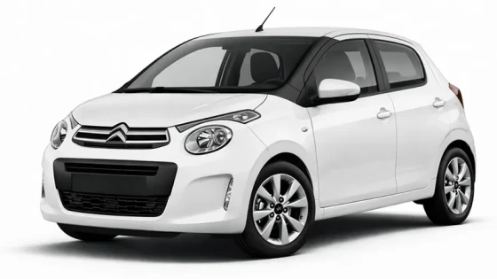 A white Citroen C1 offered for rental by the company Imperial Car Rental.