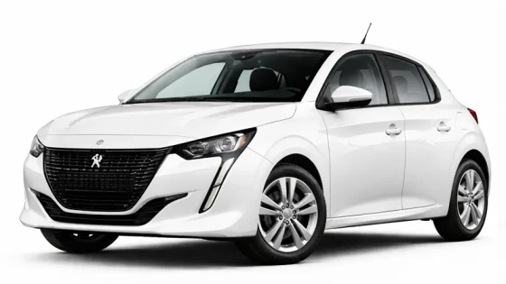 A white Peugeot 208 is offered for rental by the company Imperial Car Rental.