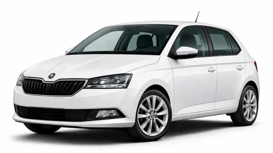 White Skoda Fabia offered for rental by the company Imperial Car Rental.