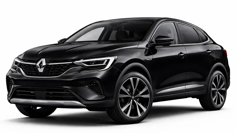 Renault Arkana SUV nero a noleggio, auto a noleggio moderna con cerchi in lega e vetri scuri.