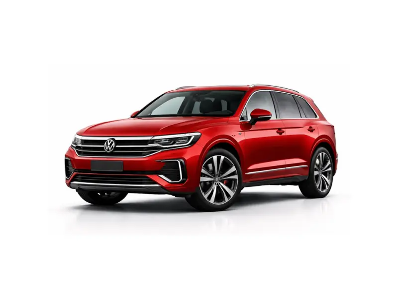 Une VW Touareg de couleur rouge est proposée à la location par la compagnie Imperial Car Rental.