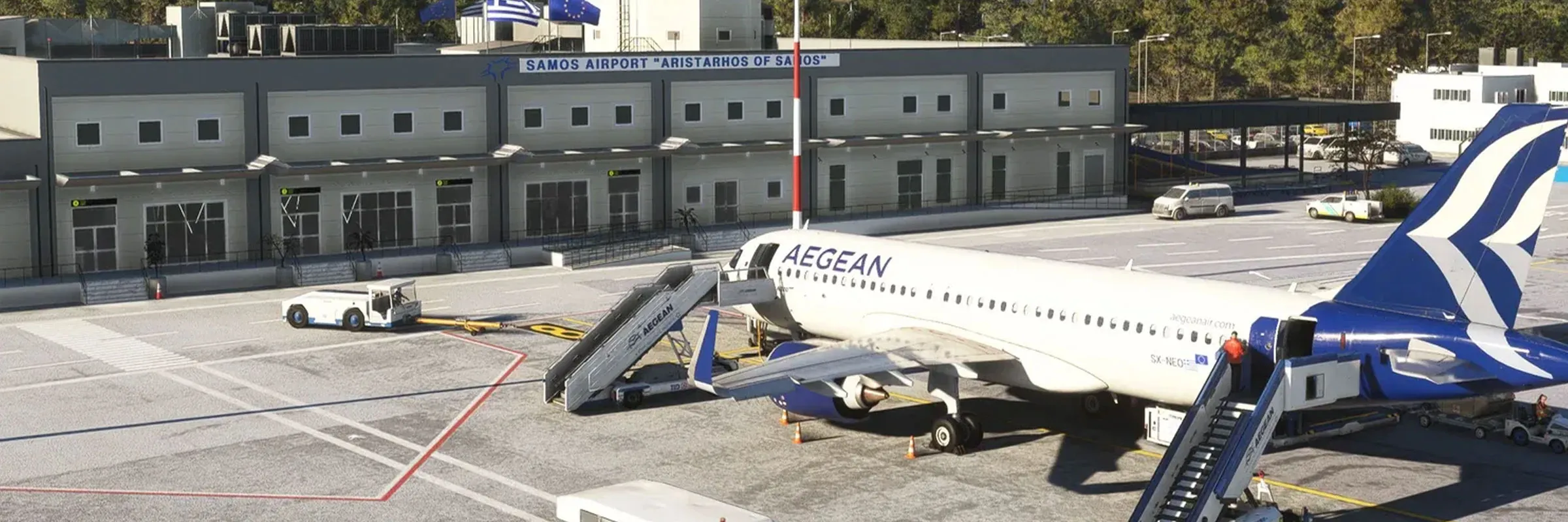 Aegean Airlines aircraft parked at Samos Airport with service stairs and vehicles nearby.