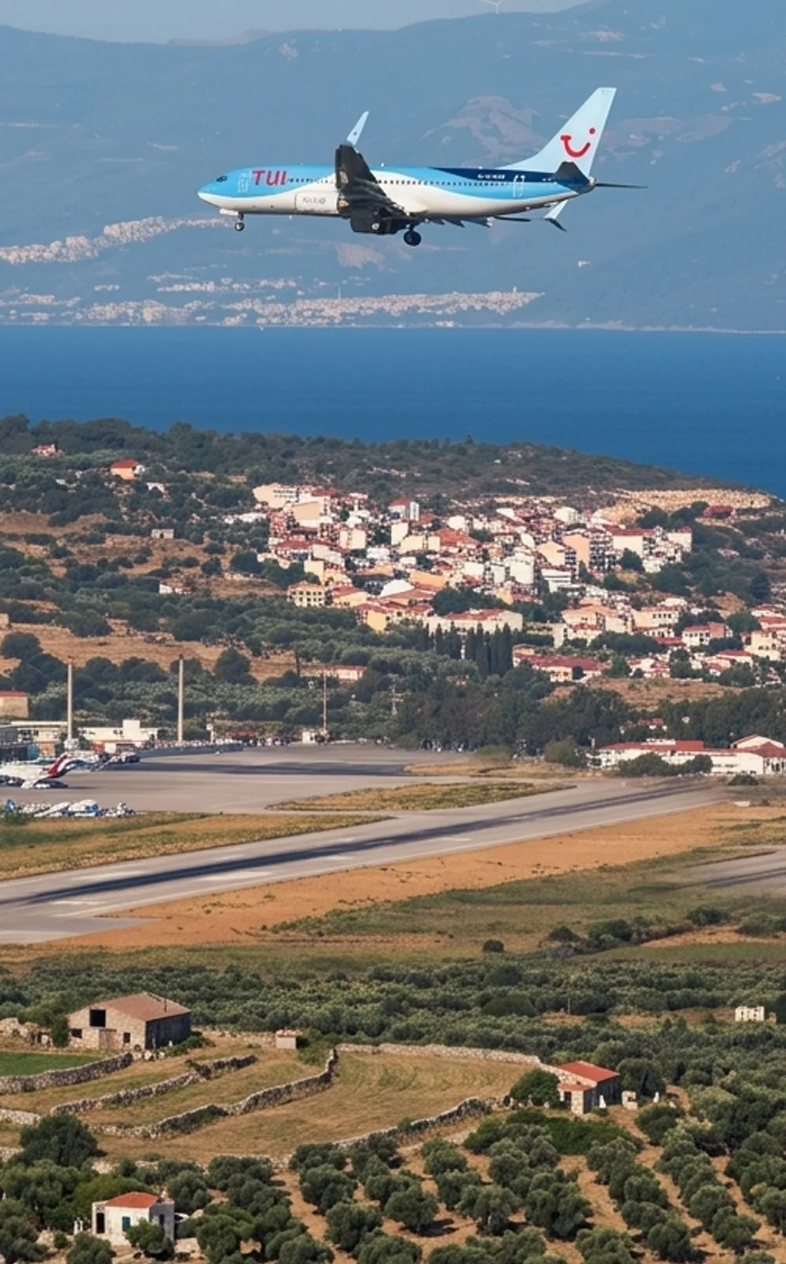 A TUI airplane landing at Samos Airport with a coastal town and blue sea in the background on a clear day.