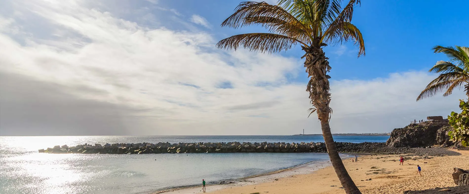 Beach with palm trees and a rocky breakwater under a partly cloudy sky by the ocean.
