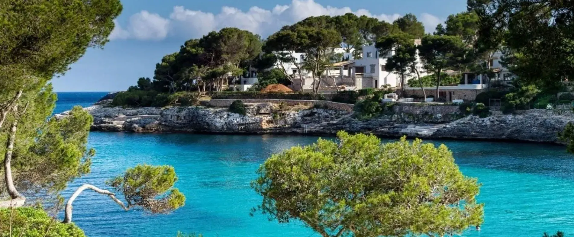 Veduta sul mare di Cala d'Or a Maiorca con acqua turchese e pini vicino ai punti noleggio auto.