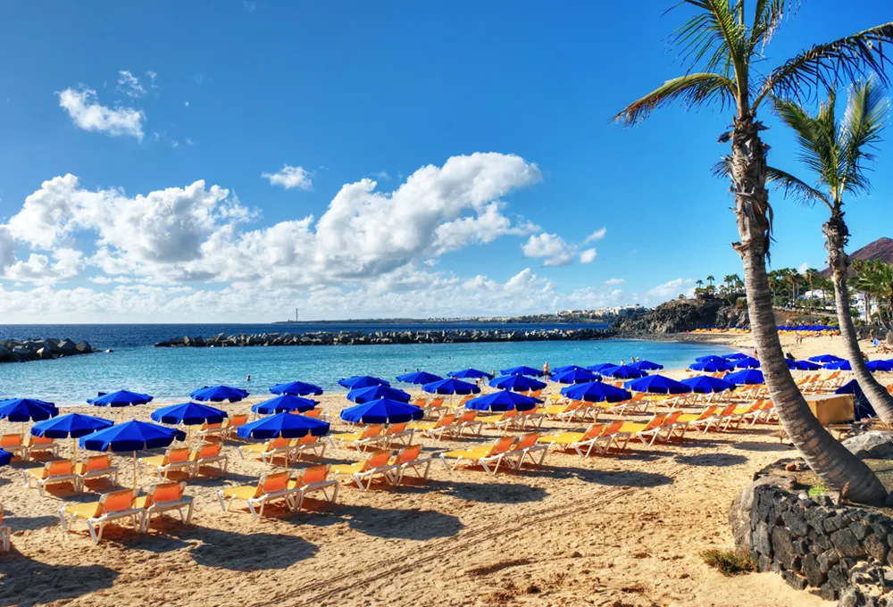 Plaja din Tenerife cu rânduri de umbrele albastre și șezlonguri sub un cer parțial noros.