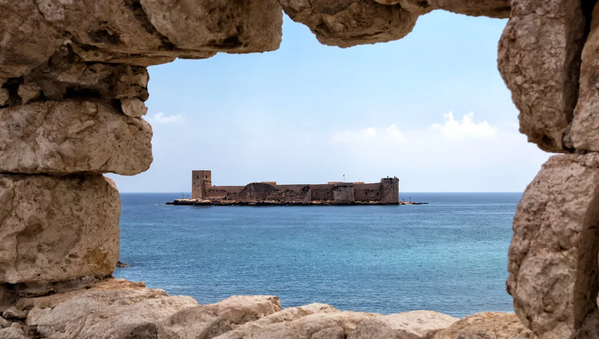 Kizkalesi Castle in Mersin, Turkey, seen across the Mediterranean Sea through a rocky window.