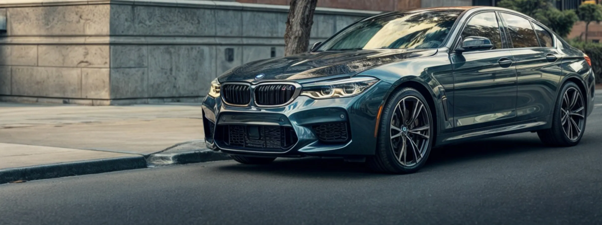 BMW M5 luxury sedan parked on the street, available for car rental or rent a car services.