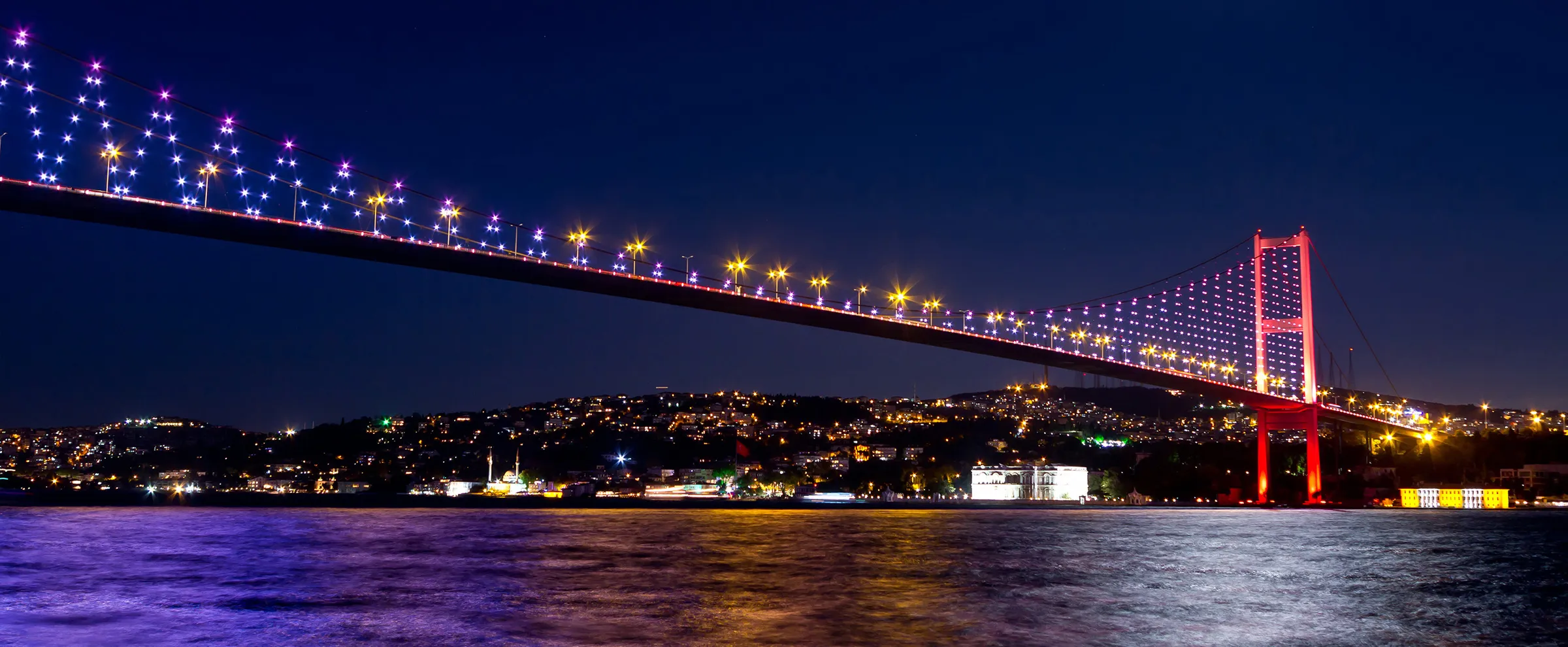 Bosphorus Bridge in Istanbul lit up with colorful lights over water at night, with city lights in the background.