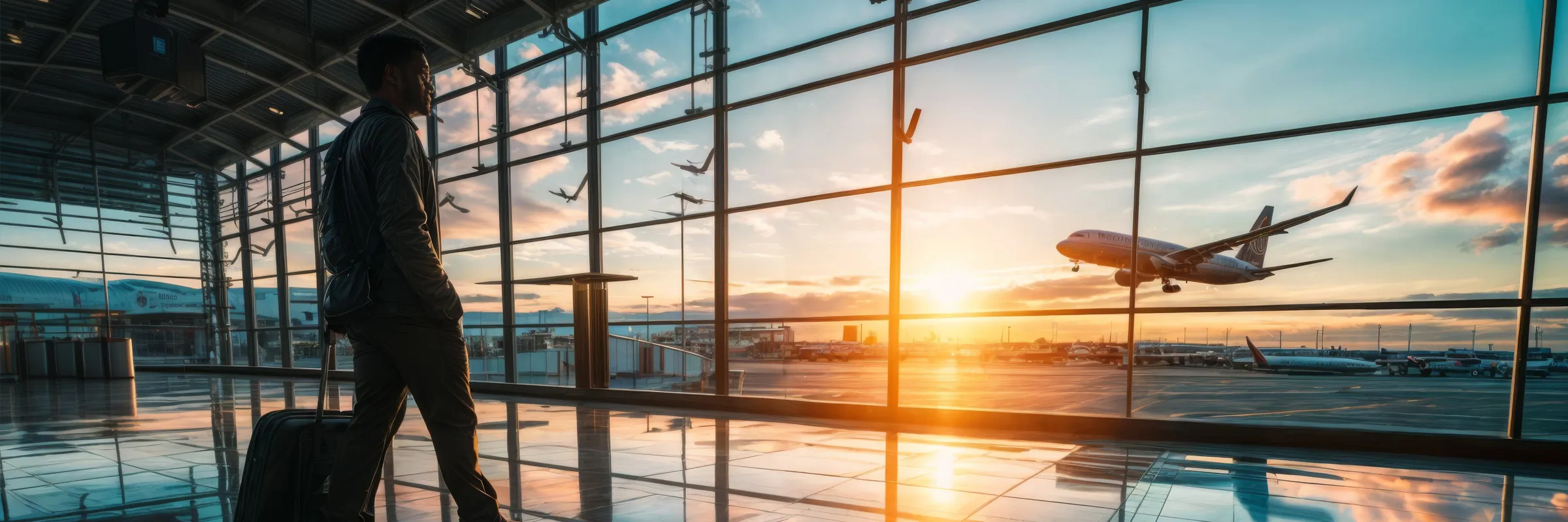 Man with suitcase watching airplane landing through large airport terminal windows at sunset.