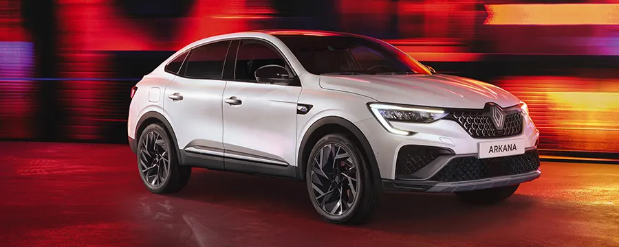 Renault Arkana SUV car rental with white exterior and sporty design for hire.