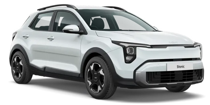 Witte Kia Stonic SUV met zwarte accenten en modern, robuust ontwerp, geschikt voor stadsrijden en avontuur.