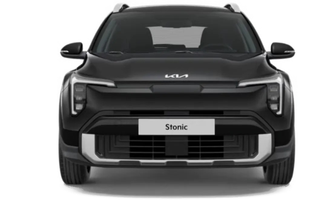 Zwarte Kia Stonic SUV met moderne koplampen en strak design, geschikt voor stadsritten en comfort.