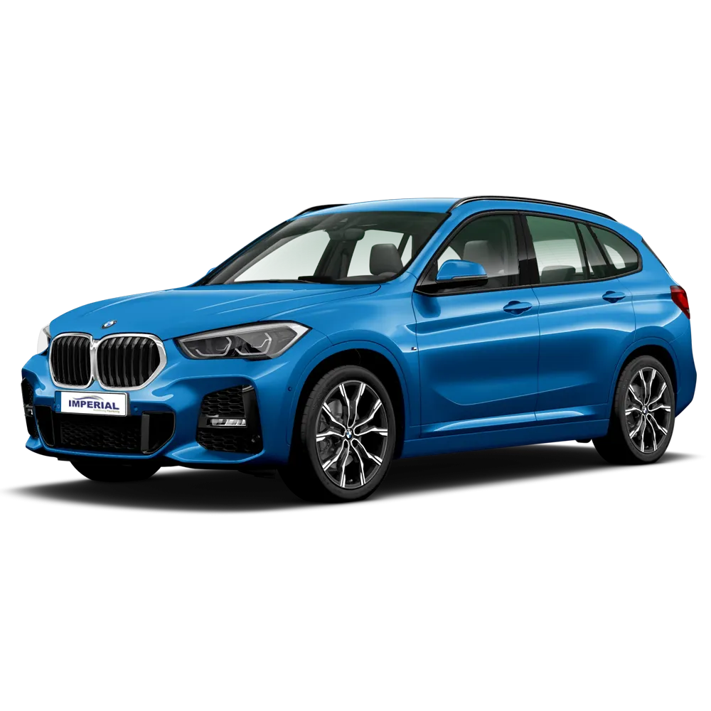 Μπλε SUV BMW με μοντέρνο σχεδιασμό, αεροδυναμική γραμμή και σπορ ζάντες αλουμινίου.