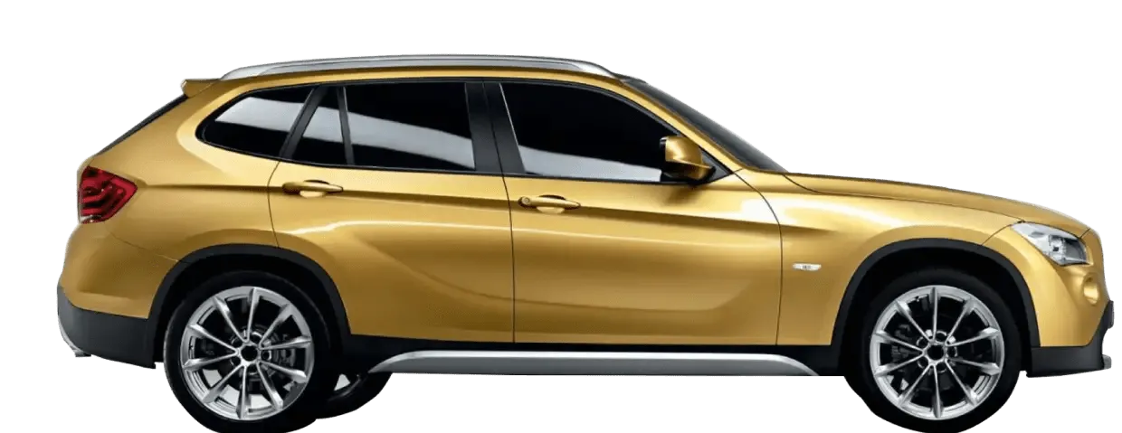 BMW X1 golden SUV for car rental, side view showing sleek design and tinted windows.