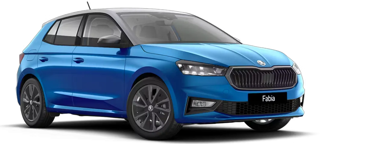 Skoda Fabia blue compact car rental for hire, modern hatchback ideal for city driving and easy parking.
